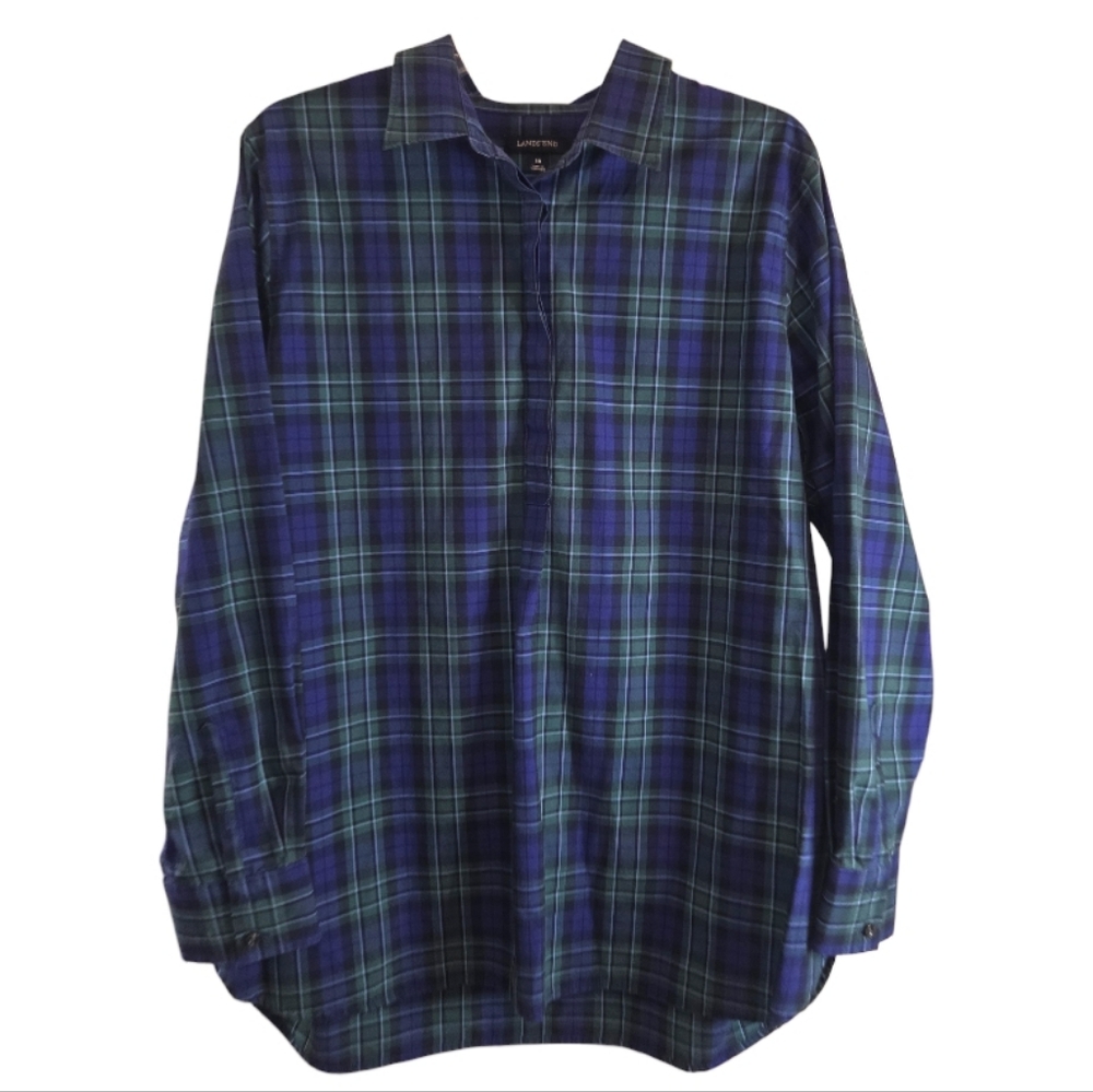 Land's End Green & Navy Plaid Women's Quarter Button Pullover Blouse